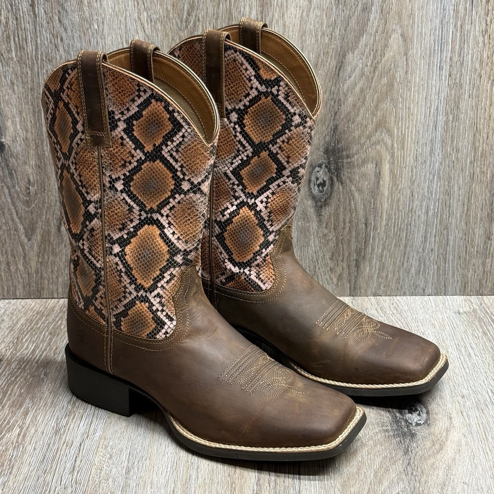 ARIAT Round Up Cowgirl Boots Womens 10 B Pink Snakeskin Western Square Toe